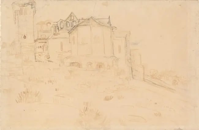 Ruins at Montmajour by Vincent Van Gogh (1888), drawing on paper.